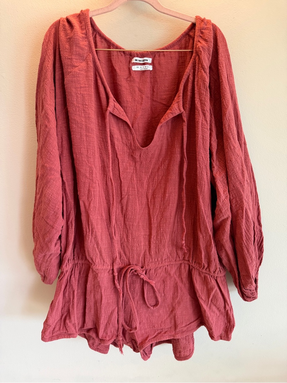 ONE X ONETEASPOON Gauze Deep V-Neck Long Sleeve Romper Terracotta Rust L